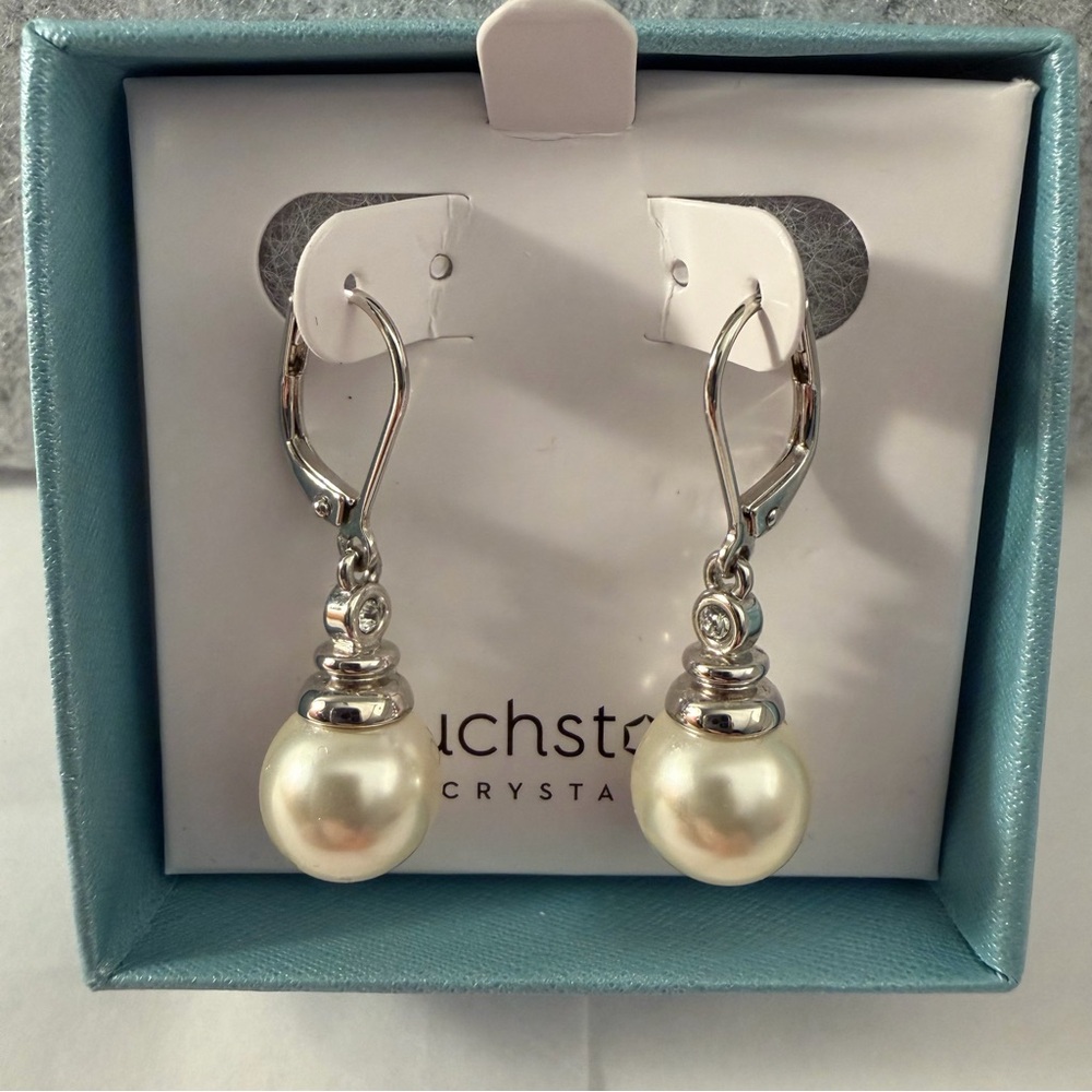 TOUCHSTONE CRYSTAL by Swarovski, Cream Pearl Drop Earrings, NEW in Box.